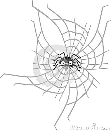 Funny big-eyed cartoon shaggy black spider and web Vector Illustration
